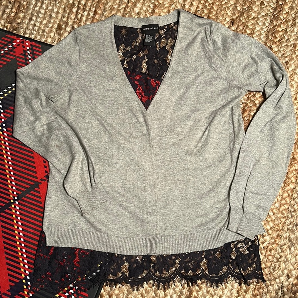 NWOT lace back v neck cardigan sweater , M, black and gray, holiday !
